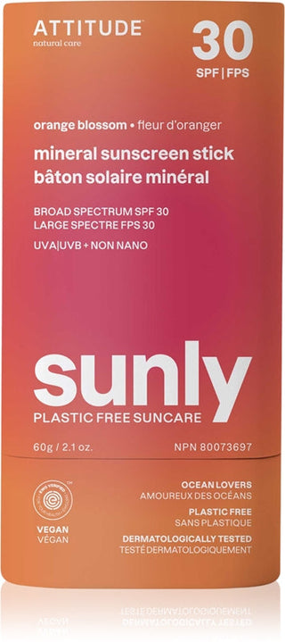Attitude סטיק קרם שיזוף מינרלי סאנלי סטיק SPF 30 פריחת תפוז 60 גרם