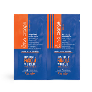 Sæt FanolaNærende crememaske uden orange ekstra blå pigment 15 ml + Nærende shampoo uden orange ekstra blå pigment 15 ml