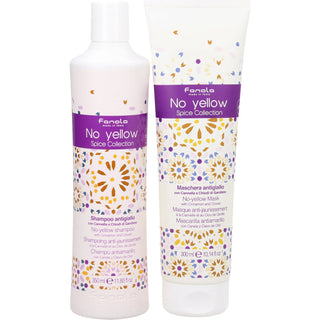 Sæt FanolaNo Yellow Spice Collection Cremehårmaske til neutralisering af gule toner 300 ml + No Yellow Spice Collection Hårshampoo til neutralisering af gule toner 350 ml
