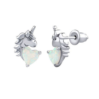 Silvego Orecchini a Bottone Esma Unicorn Argento Sterling Opale Bianco a Forma di Cuore — Orecchini