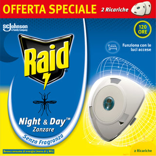 Raid Night & Day Elettrico 2 Ricariche Zanzare 120 Ore 1 unità