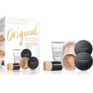Ничто не сравнится The Original Набор BareMinerals: Кисть для фиксации пудры + Пудра Golden Tan Fixing Powder 2 г + Оригинальная жидкая основа SPF 15 2 г + Основа под макияж Golden Vitamin E