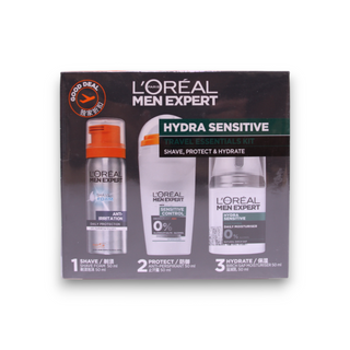 Set de viaje L'Oréal Paris: Crema hidratante y regeneradora de día y noche sin alcohol para hombre Expert 50 ml + Desodorante antisudor sin alcohol para hombre Expert 50 ml + Espuma de afeitar antiirritaciones con glicerina Expert 50 ml