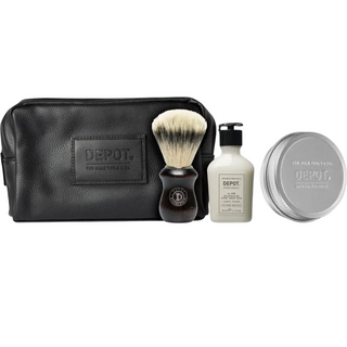 Set Depot: 400 Shave Specifics N. 408, Colonia classica, idratante, balsamo dopobarba, 50 ml + 400 Shave Specifics N. 412, idratante, sapone da barba, 100 g + Accessori N. 731 Luxury, Fibra artificiale, Pennello da barba per il viso, Marrone + The Male To