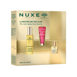 Conjunto de rotina de brilho antienvelhecimento Nuxe: Super Serum [10] Sérum Vegano Anti-Idade Dia e Noite para Rosto e Pescoço 30ml + Creme Firmador Luminoso Merveillance para Rosto 15ml + Óleo Corporal Multiuso Rico para Rosto e Cabelo 10ml