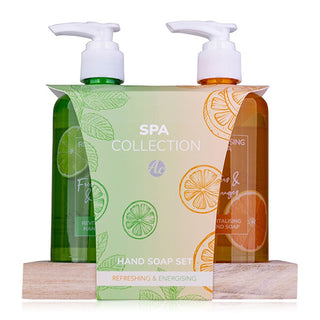Accentra SPA COLLECTION hand care SET on a wooden tray with a pump incl. 2 x 290 ml hand soap, 2 scents/colors: citrus and orange, mint and lime, VE 6