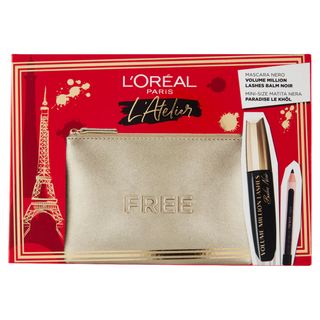 L`Oreal Paris Atelier Kit Set L'Oreal Paris: Volume Million Lashes, Volumizzante e Allungante, Mascara, Nero, 8,9 ml + Paradise, Matita occhi Kajal, 1,2 g + Borsa per il trucco in tessuto, Oro