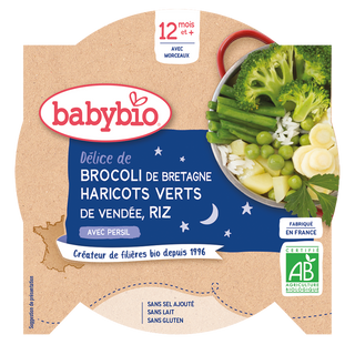 Babybio Piatto Cena - 12 Mesi e + - Broccoli, Fagioli Verdi, Riso - BIO 230G