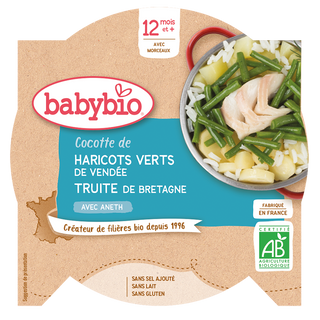 Babybio Piatto Mezzogiorno - 12 mesi e più - Fagiolini, Trota - BIO 230 g