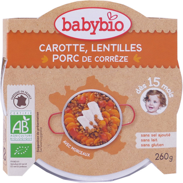 Babybio Lunchrätt - 15 månader och uppåt - Morot, Linser, Fläskkött - EKOLOGISK 260 g