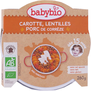 Babybio Piatto Mezzogiorno - 15 mesi e più - Carota, Lenticchie, Maiale - BIOLOGICO 260 g