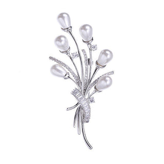 Troli Spilla Bouquet Con Perle Autentiche E Cristalli Argento — Spilla