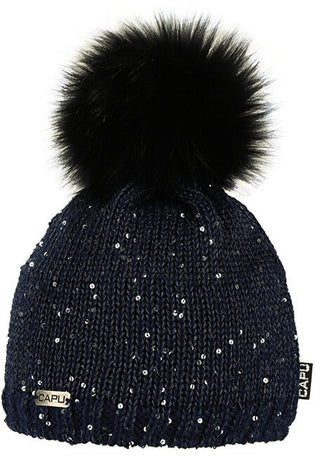 Capu Gorro de mujer negro con brillantina y pompón 