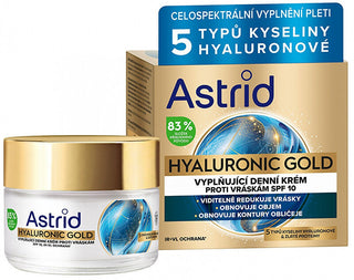 Astrid Hyaluronic Gold crema giorno antirughe rimpolpante con proteine dell'oro SPF 10 50 ml