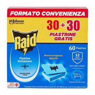 Raid Placas Antimosquitos Comunes y Tigre, Acción Prolongada, Recarga 60 Unidades 