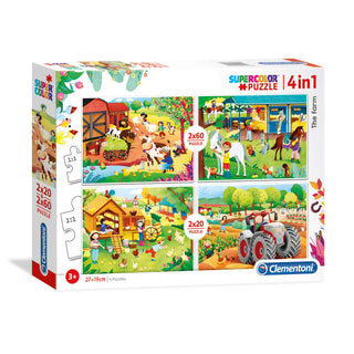 Clementoni, SuperColor 4 σε 1, The Farm, Παζλ, Unisex, 3+ ετών, 2 x 20 + 2 x 60 κομμάτια