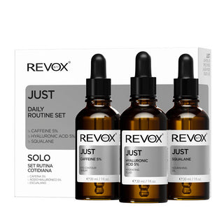 Set Routine Quotidiana Revox B77: Just Squalane Nutriente Olio Per Viso 30 ml + Just Caffeina 5% Anti-Occhiaie Giorno Siero Occhi 30 ml + Just Acido Ialuronico 5% Idratante Fluido Per Viso 30 ml