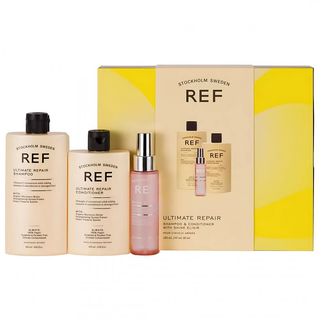 Set de regalo Rif Stockholm: Champú sin sulfatos Ultimate Repair (285 ml) + Acondicionador sin sulfatos Ultimate Repair (245 ml) + Sérum suavizante Shine Elixir (80 ml)