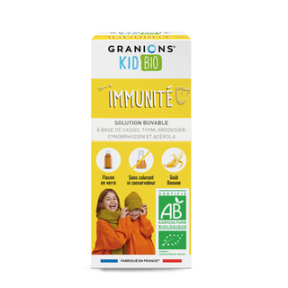 Granions Kid Bio Banana, olivello spinoso, rosa canina, acerola, ribes nero e timo, aiuta a stimolare e rafforzare il sistema immunitario, sciroppo, 125 ml