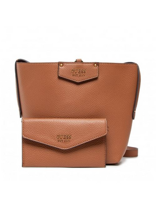 Guess, Brenton, Borsa in tessuto e pelle ecologica, Struttura rigida, Caramello, 6432, Donna, 22 x 18 x 9 cm