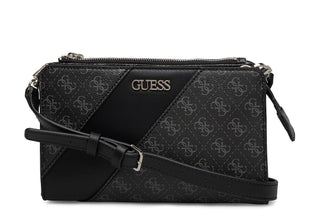 Guess, Camy, doppia zip, borsa a tracolla in tessuto, nero, da donna