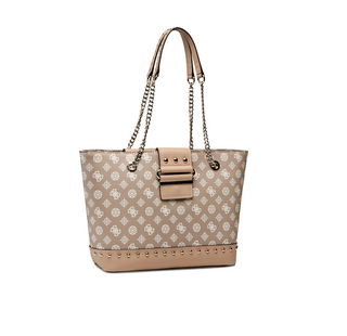Guess, Greta, fabric bag, belt, magnetic clip, beige, HWPG81 29230, women, 29.5/38.5 x 25 x 11.5 cm