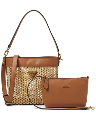 Guess, Vikky, borsa in tessuto, borsa a secchiello, cognac, da donna