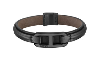 Hugo Boss Elegante Bracciale In Pelle Nera Kode 1580784 - Lunghezza: 19 Cm