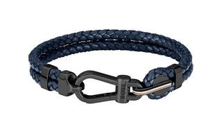 Hugo Boss Elegante Bracciale Doppio In Pelle Blu Scuro 1580701 - Lunghezza: 19 Cm