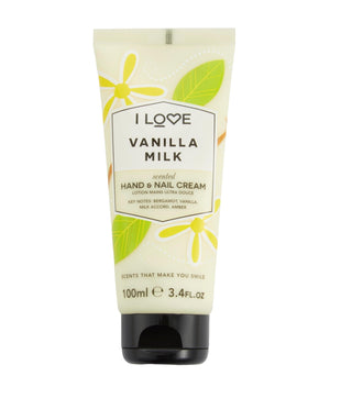 I Love, Colección Signature, Crema hidratante para manos y uñas, sabor vainilla y leche, 100 ml