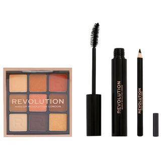 Ind i bronzesættet Makeup RevolutionUltimate Desire Palette IntoThe Bronze 9 nuancer 81 g + Vandfast mascara sort 8 g + Sort eyeliner 1 g