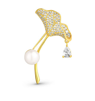 Jwl luxury pearls Glittering Gold Plated 2in1 Crystals e Genuine Ginkgo Pearl Spilla JL0837