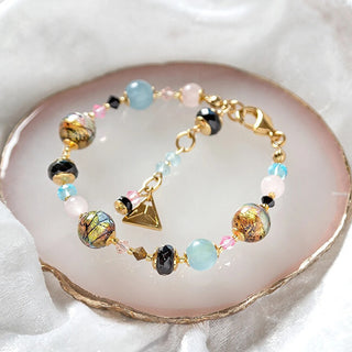 Gold Fantasy Bracciale con 24k Gold e Sterling Silver in Lampglas Pearl, Rose Quartz e Calcite BP38/M