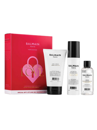 Set Locks of Love Balmain Professionnel: Crema styling per capelli, Fissaggio leggero, 150 ml + Pantenolo, Gel styling per capelli, Per lo styling, Fissaggio forte, 100 ml + Elisir idratante all'Argan, Olio per capelli, Nutriente, 100 ml
