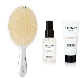 Set Balmain Professionnel: Spazzola per capelli Spa Silver + Argan Elixir Olio idratante per capelli Argan per densità e vitalità 20 ml + Spray profumato per capelli da donna 50 ml