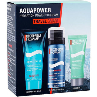 Ensemble de voyage intelligent Biotherm: Aquapower, crème hydratante, pour le visage, 20 ml + Aquapower, mousse à raser, 50 ml + Aquapower, gel douche nettoyant, 40 ml
