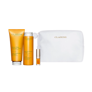 Set Clarins: Aroma, Oli Essenziali, Idratante, Olio Corpo, 200 ml + Aroma, Oli Essenziali, Gel Doccia, Tutto il Corpo, 200 ml + Lip Confort, Olio Labbra, 01, 1,4 ml *Miniatura + Cerniera, Custodia in tessuto GWP, Bianco