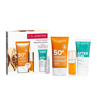 Set Clarins: Clarins Crema Solare Idratante Per il Viso SPF 50+ 50 ml + Doposole Balsamo Doposole Rigenerante 30 ml + Lip Confort Olio Labbra 01 7 ml