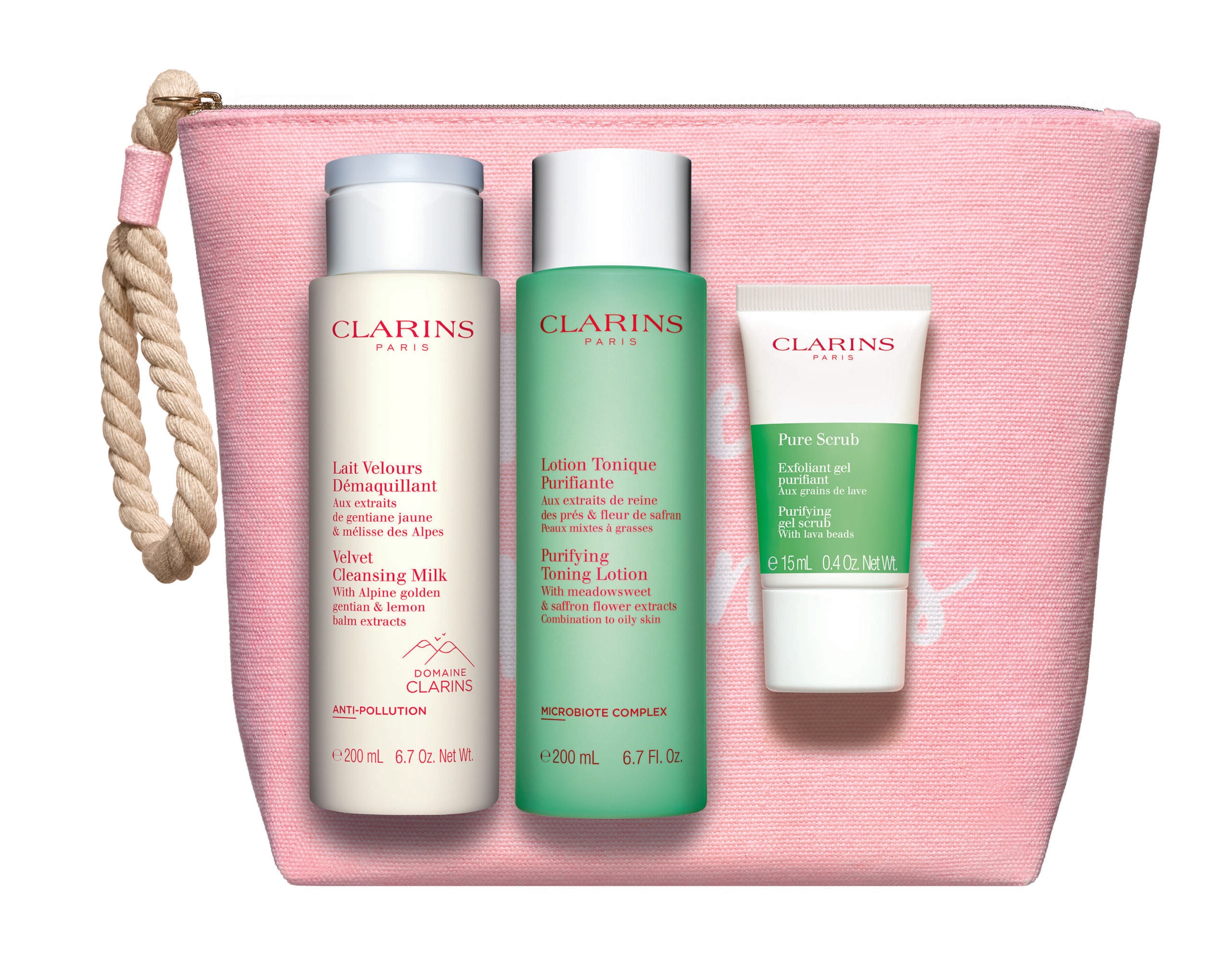 Set Clarins : Gommage Exfoliant Pur 15 ml + Lait Nettoyant Visage Anti-Pollution Velourse 200 ml + Lotion Tonique Purifiante pour le Visage Sans Alcool 200 ml