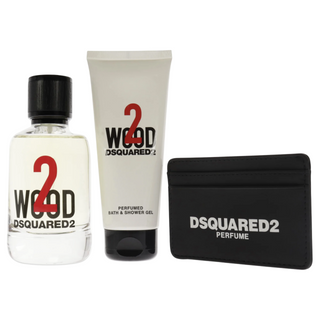 Set Dsquared 2: Dsquared Porta carte in pelle Nero Uomo + 2 Wood Eau de Toilette Unisex 100 ml + 2 Wood Gel doccia 100 ml