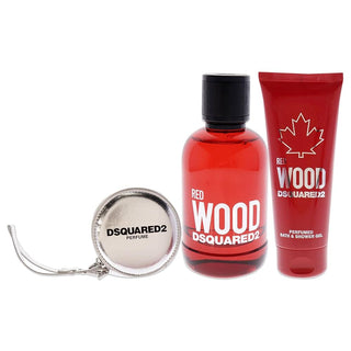 Set Dsquared 2: Red Wood Eau De Toilette Donna 100 ml + Red Wood Gel Doccia e Shampoo 2 in 1 100 ml + Dsquared Pochette in Tessuto GWP Argento