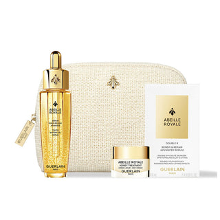 Set Guerlain: Abeille Royale, olio rimpolpante, per viso e collo, 30 ml + Abeille Royale, miele, crema antietà, giorno, per viso, 7 ml + Abeille Royale Double R, siero antietà, giorno e notte, per viso e collo, 0,6 ml