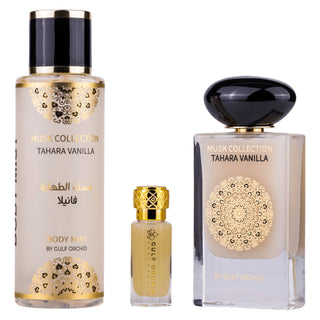 Set Gulf Orchid: Tahara Vanilla, Eau De Parfum, unisex, 60 ml + Tahara Vanilla, spray profumato, per donna, 250 ml + Tahara Vanilla, olio profumato, per donna, 12 ml *Miniatura