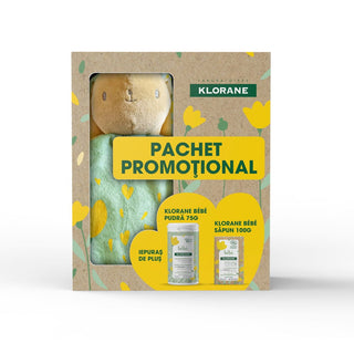 Set Klorane: Baby, Protettivo, Polvere per il corpo, 75 g + Baby, Vegano, Lenitivo, Saponetta, Per capelli e corpo, 100 g + Coniglietto, Peluche da collezione