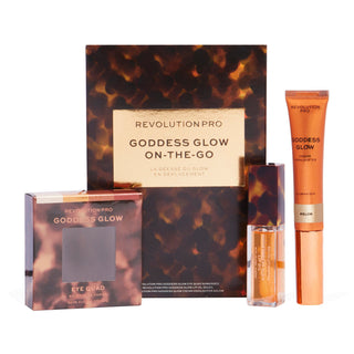 Set da viaggio Goddess Glow Makeup Revolution: Reloaded Illuminante Crema illuminante Glow 10 ml + Pro Goddess Glow Palette di ombretti Bronze Heat 4 tonalità 15 g + Makeup Revolution Olio labbra 25 ml