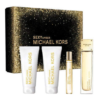 Set Michael Kors: Sexy Amber Eau De Parfum da donna 100 ml + Sexy Amber Eau De Parfum da donna 10 ml + Sexy Amber Hydrates lozione corpo 100 ml + Sexy Amber Cleansing gel doccia su tutto il corpo per tutti i tipi di pelle 100 ml