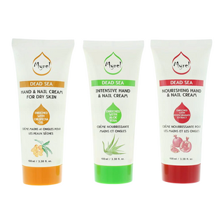 Set Myrel: Mar Morto, Idratazione, Crema per le mani, Aloe Vera, 100 ml + Mar Morto, Idratante, Crema per le mani, Melograno, 100 ml + Mar Morto, Idratante, Crema per le mani, 100 ml