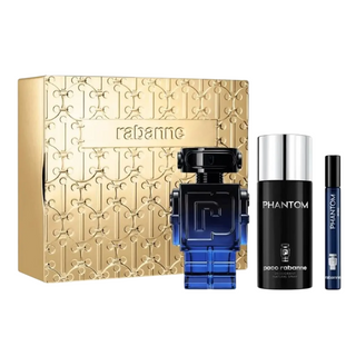 Set Paco Rabanne: Phantom Intense, Eau De Parfum, per uomo, ricaricabile, 100 ml + Phantom Intense, Eau De Parfum, per uomo, 10 ml + Phantom Intense, deodorante spray, per uomo, 150 ml