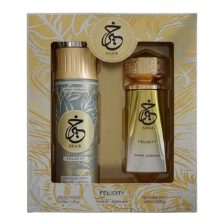 Set Paris Corner: Khair Felicity, eau de parfum, da donna, 100 ml + Khair Felicity, deodorante spray, da donna, 200 ml