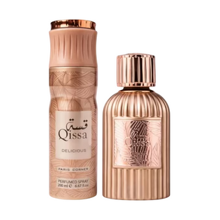 Set Paris Corner: Qissa Delicious, eau de parfum, per donna, 100 ml + Qissa Delicious, deodorante spray, per donna, 200 ml